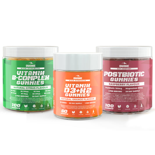 QUAKE Daily Foundation Stack: D3 + K2, B-Complex and Postbiotic Gummies jars