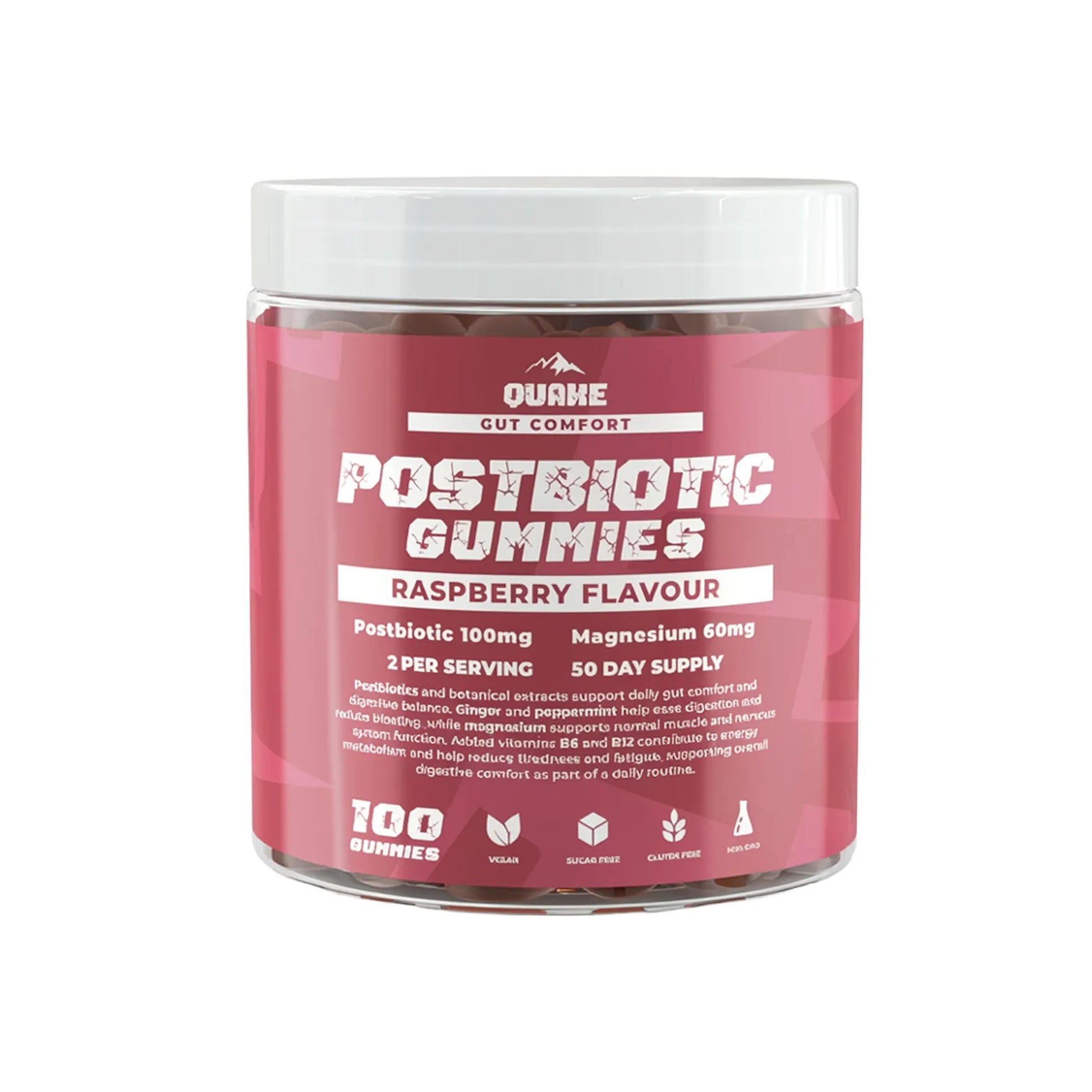Jar of QUAKE Postbiotic Gummies Raspberry flavour on a white background.