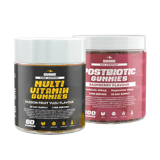 Two containers of QUAKE supplements: one jar of Multi Vitamin Gummies Passion Fruit Yuzu flavour and one jar of Postbiotic Gummies Raspberry flavour on a white background.