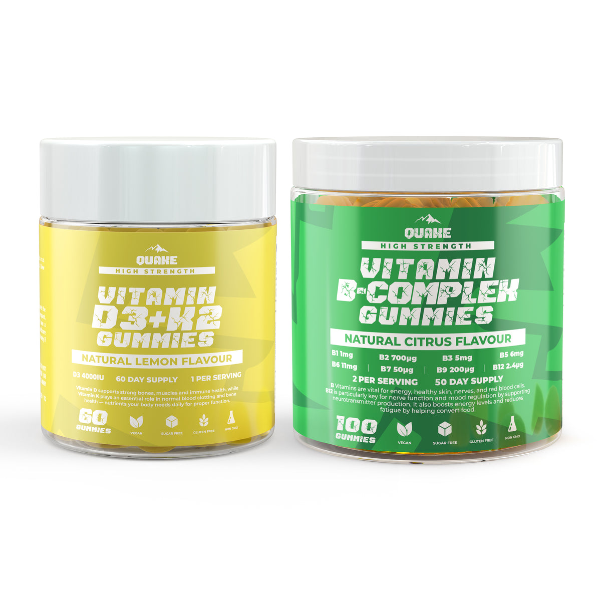 QUAKE Energy & D3 Stack: D3 + K2 and B-Complex Gummies jars