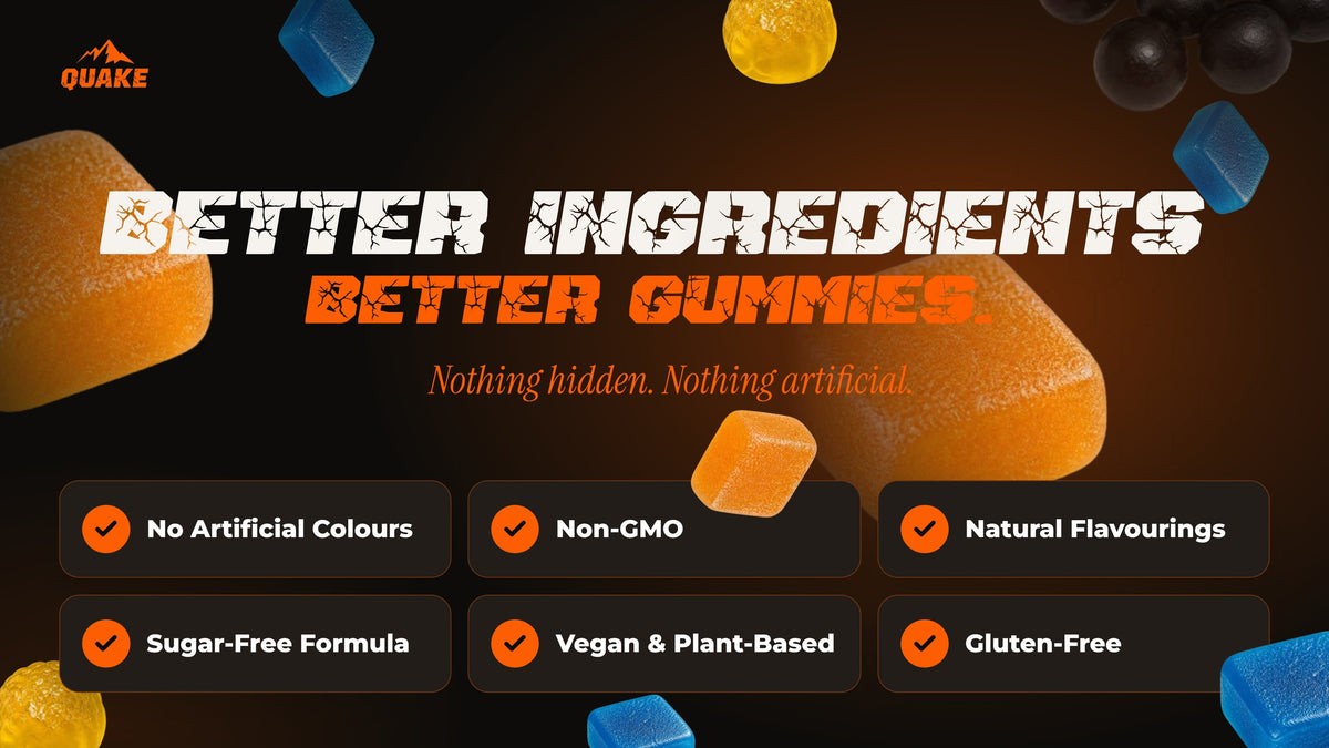 Better ingredients: QUAKE gummies use pectin not gelatin, no added sugar, non-GMO, vegan