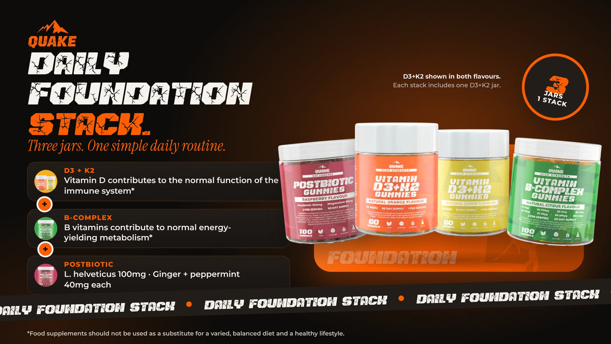 QUAKE Daily Foundation Stack: Vitamin D3 + K2, Vitamin B-Complex and Postbiotic gummies