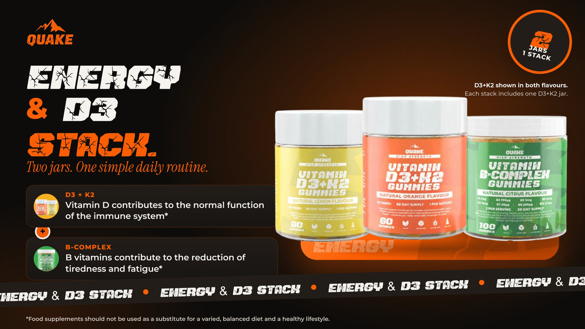 QUAKE Energy & D3 Stack: Vitamin D3 + K2 and Vitamin B-Complex gummies